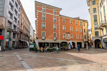 The central Piazza Dante Alighieri square in Lugano, Switzerland