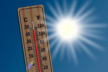 Ilustração com um termometro de madeira a assinalar 48 graus celcius de temperatura, muito calor
