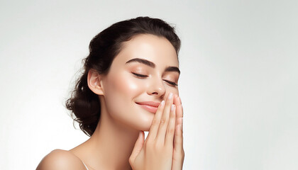  Relaxed  young woman making cosmetological procedure touching her face with fingers