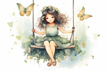 Obraz na płótnie Canvas Cute Little Princess Swing. Butterflies Watercolor cool