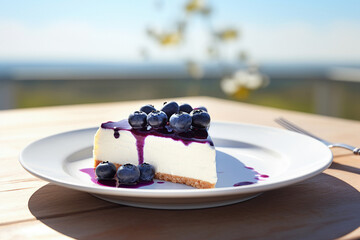  Blueberry cheesecake on white plate, sunny day