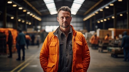 Portrait of worker warehouse standing in a retail warehouse full of shelves with boxes. Generative Ai.