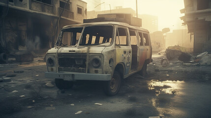 burned destroyed ambulance in the middle of warzone city destruction background