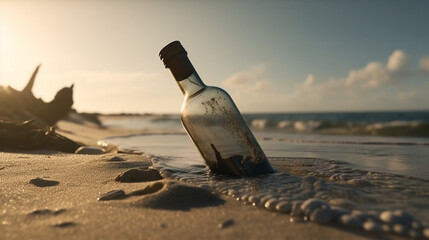 Bottle with a letter from the wreck. A bottle with a note floating in the ocean. - obrazy, fototapety, plakaty