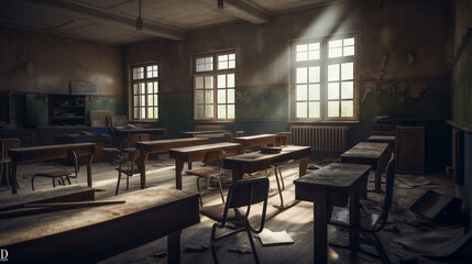 desolate classroom in an industrial firm Classroom in an abandoned school