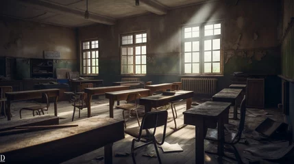 Foto op Plexiglas desolate classroom in an industrial firm Classroom in an abandoned school © Samvel