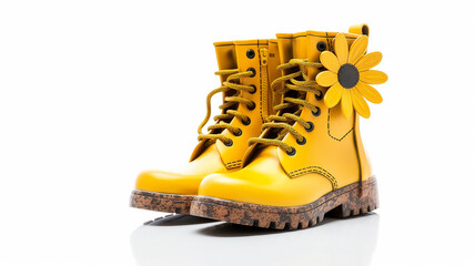 yellow rubber boots with flowers isolated on a white background. Generative AI