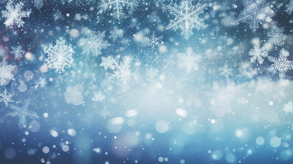 Fototapeta na wymiar abstract blue snowflakes falling winter weather blurred background. Generative AI