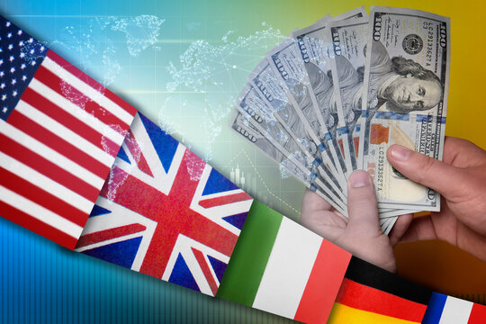 Foreign exchange market. Double exposure of man holding money, digital world map and flags of different countries, closeup - Powered by Adobe