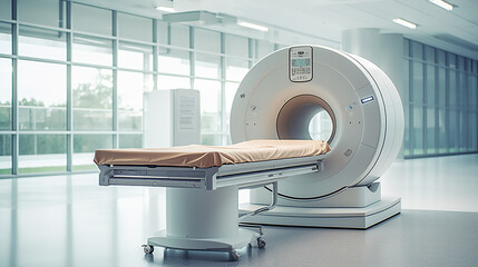 an MRI machine in the interior of a bright hospital. Generative AI - obrazy, fototapety, plakaty