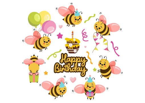 Set of cute bee happy birthday