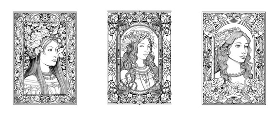 Portrait of beautiful Slavic women for coloring. Awesome women drawings created with generative AI.


