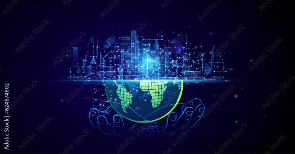 Poster tech devices and icons connected to digital planet earth, blue earth and global networking connectio