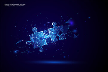 Obraz na płótnie Canvas Teamwork concept with Two glowing low poly jigsaw puzzle pieces on dark blue background. Business solutions, success and strategy concept.