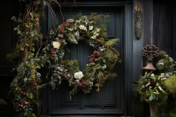 Fototapeta na wymiar Decorative Wreath On Front Door, Generative AI