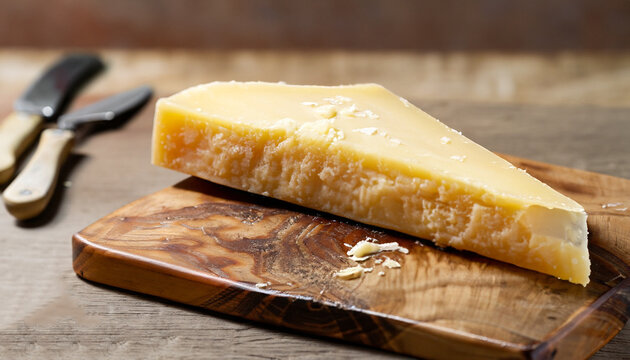 piece of parmesan cheese on a wooden board