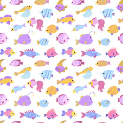Fototapeta na wymiar Colorful seamless pattern with different ocean fish in flat hand drawn style. For design, textile, background