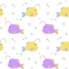 Naklejka na ściany i meble Colorful seamless pattern with ocean yellow purple anglerfish and bubbles in flat hand drawn style. For design, textile, background