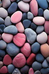 Fototapeta na wymiar Background of stones, a colorful collection of stones, pebbles, on a pink background, dark sky-blue and pink, pastel color scheme, intricately textured, monochromatic color scheme. 