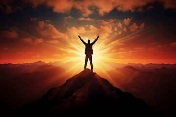 A silhouette of a person standing on a mountaintop, arms outstretched towards the rising sun, which pointing up as symbol of achievement - Powered by Adobe