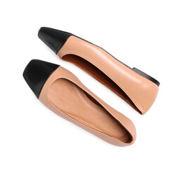 Pair of new stylish square toe ballet flats on white background, top view