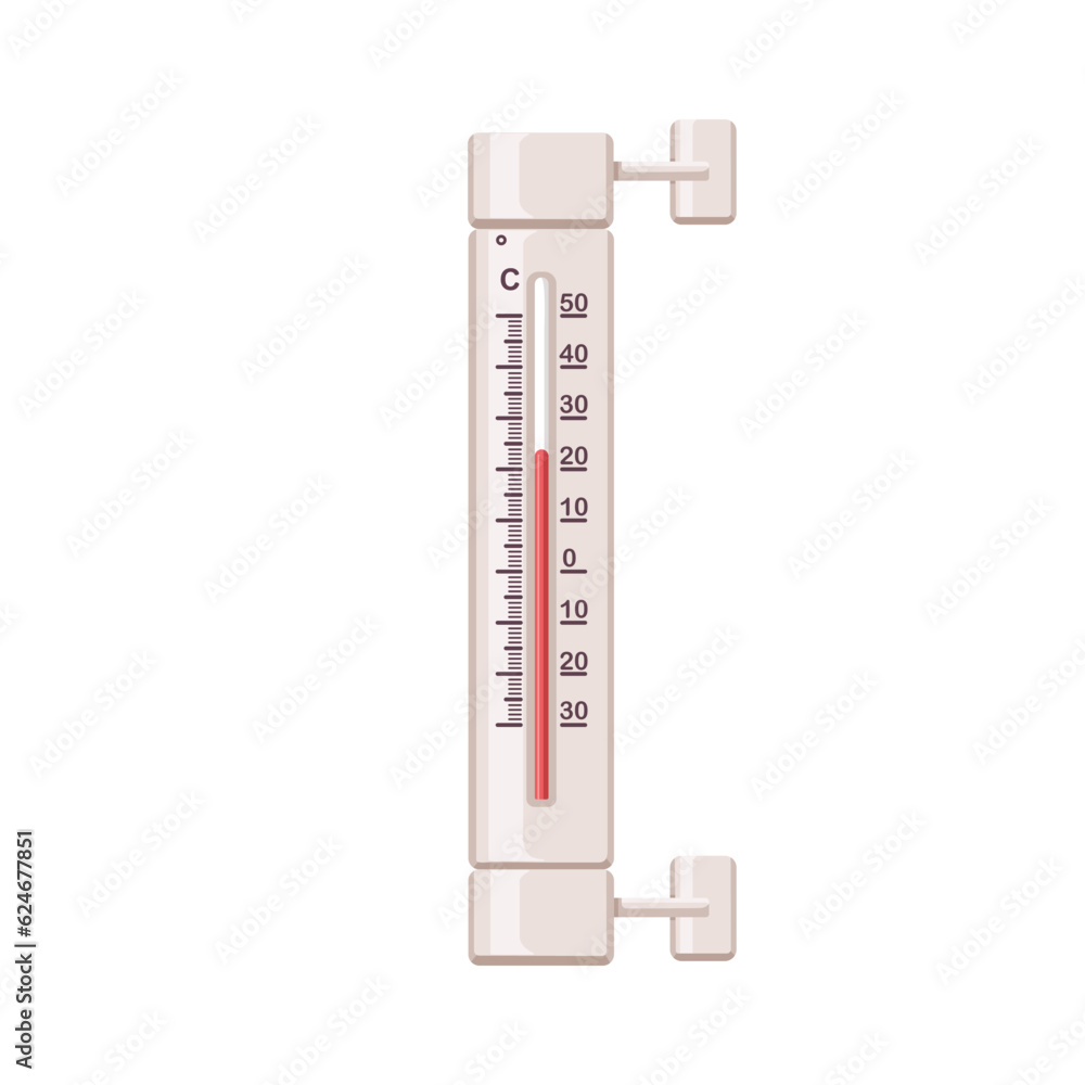 Poster Mercury thermometer. Measuring temperature tool with Celsius degrees scale. Analog measurement device. Warm summer weather, 25 above zero. Flat vector illustration isolated on white background