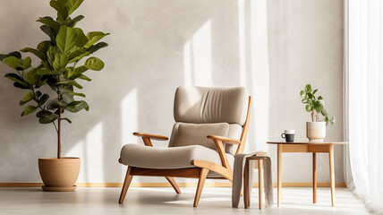 an armchair in a bright modern minimalist interior against a wall background. Generative AI