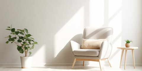 an armchair in a bright modern minimalist interior against a wall background. Generative AI