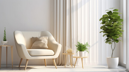 Fototapeta premium an armchair in a bright modern minimalist interior against a wall background. Generative AI