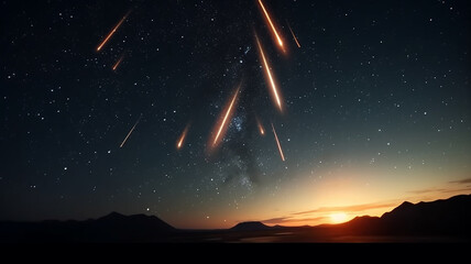 landscape meteor shower in the starry sky. Generative AI - obrazy, fototapety, plakaty
