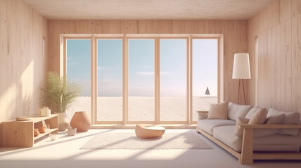 bright interior of a livingroom with a large window and a view of the sea and the beach. Generative AI