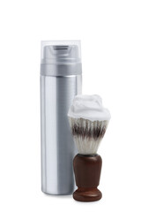 Fototapeta na wymiar Bottle with shaving foam and brush on white background