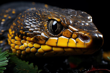 Fototapeta premium Head of a snake close-up on a black background.