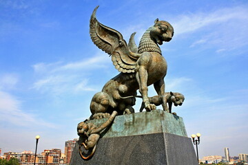 Kazan, Republic of Tatarstan, Russia - 08.24.2021. Winged Leopard sculptures near the Kazan Family Center