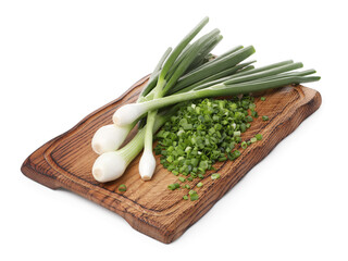 Whole and chopped green onion isolated on white