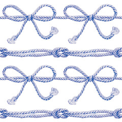 Seamless pattern of rope cords with bow knots. Hand drawn illustration. Hand painted blue elements on white background.