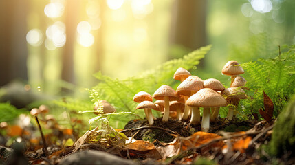 Bright forest clearing,beautiful sunlight and seasonal nature background with bokeh and short depth of field. Close-up with space for text, close-up on wildlife nature mushrooms and green fresh leaves - obrazy, fototapety, plakaty