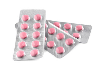 Blisters with pills on white background. Medicinal treatment