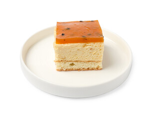Piece of cheesecake with jelly on white background