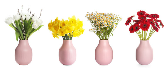 Collage of stylish vase with different bouquets on white background