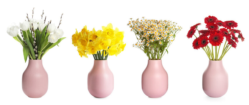 Collage Of Stylish Vase With Different Bouquets On White Background