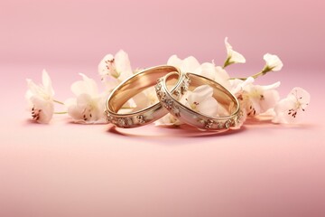 Wedding rings with seamless flower decorations, levitation,rainbow palete,white lighting on pink pastel background