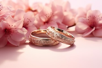 Wedding rings with seamless flower decorations, levitation,rainbow palete,white lighting on pink pastel background
