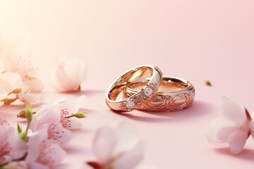 Wedding rings with seamless flower decorations, levitation,rainbow palete,white lighting on pink pastel background