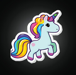 Sticker of fairy tale sleeping unicorn head and rainbow