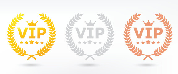 Set VIP badges in gold, silver and bronze color. Round label with three VIP levels. Crown and stars.