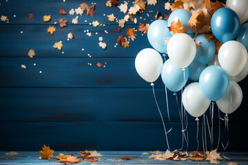 Octoberfest backdrop with colourful blue, white and golden balloons. Inspiration for autumn activities. Created with Generative AI.