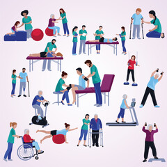 physiotherapy rehabilitation people flat icons collection