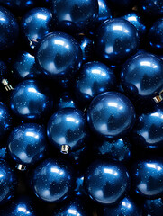 a pile of blue Christmas tree balls, production of Christmas tree decorations, Christmas tree balls, blue glass or plastic balls, photo wallpaper, placemat for the Christmas table, ai generative 