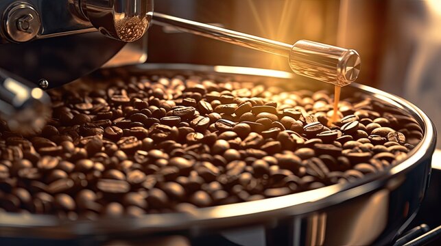 Arabica or Robusta coffee beans, Coffee roaster, Aromatic coffee beans situating in modern equipment with grain chiller. Coffee Bean Roaster Machine. Industry concept. Generative Ai
